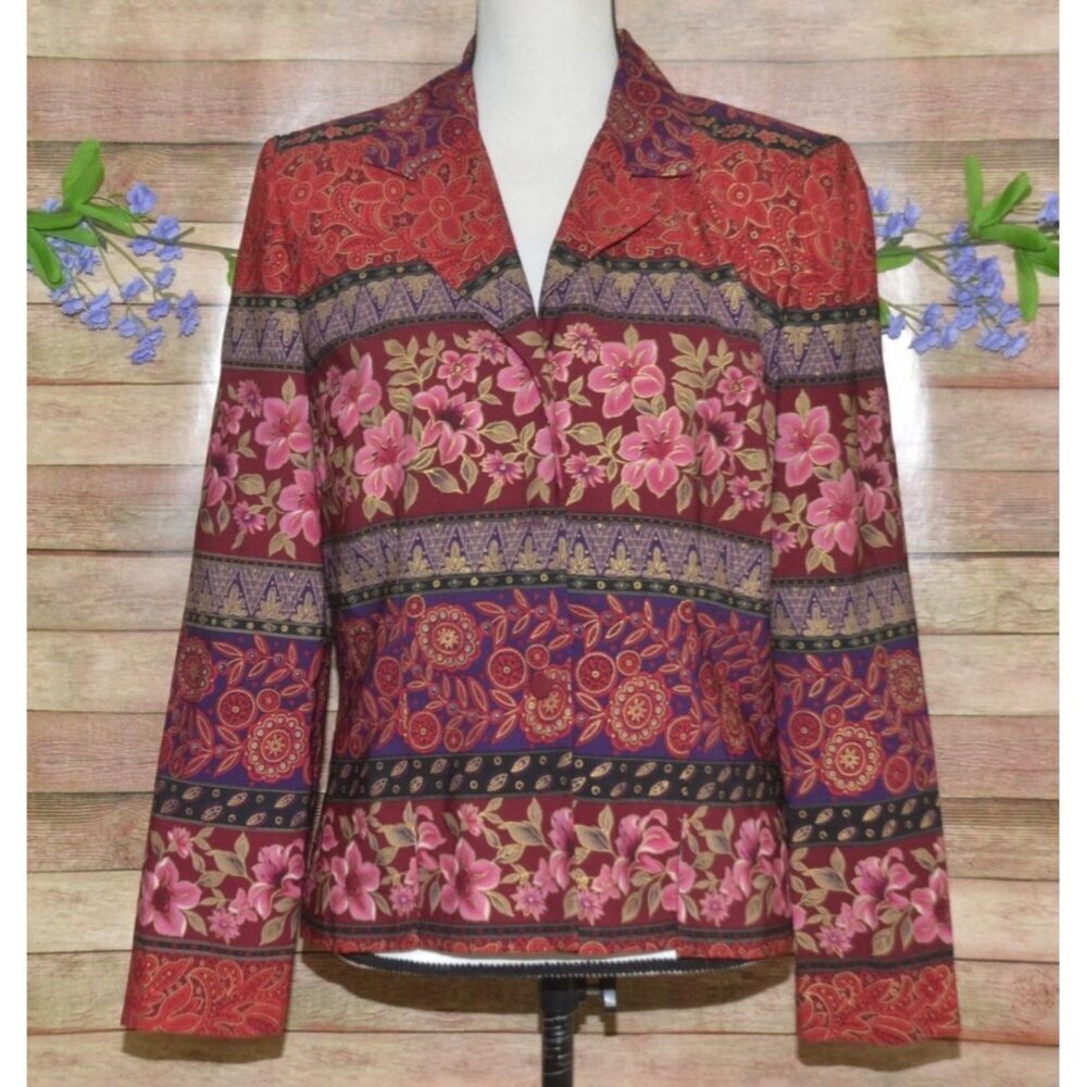 Koret Vintage Maroon Lightweight Blazer Jacket Size 8 Mixed Geo Floral Print